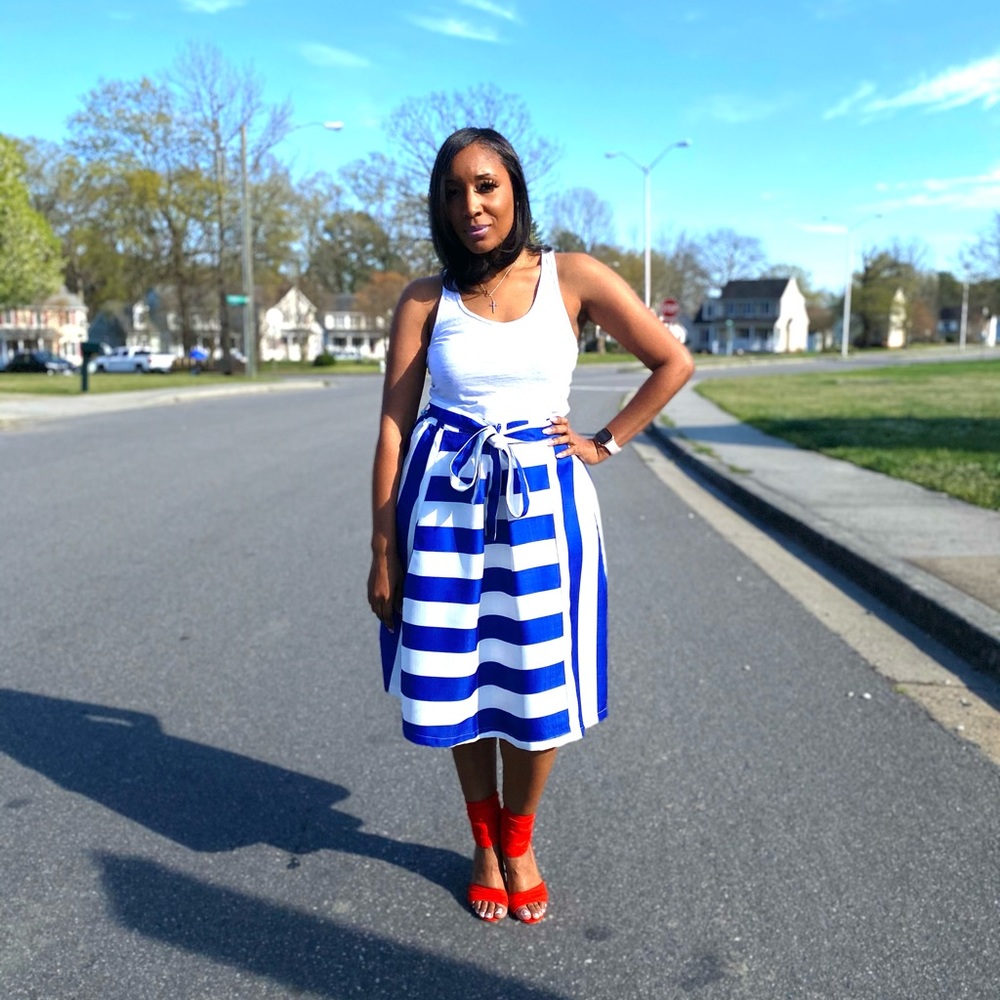 Plus sized Striped A-line skirt with banded waist, tie up belt, and box pleats